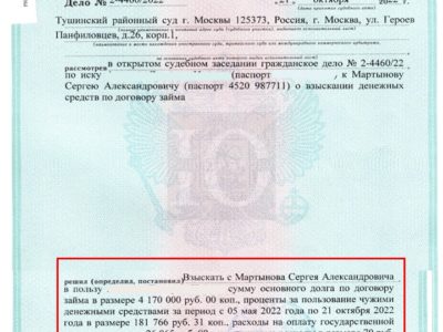 Исполнительный лист о взыскании Тушинским судом долга по расписке
