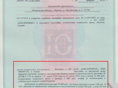 Исполнительный лист о взыскании Видновским судом МО с А101 Девелопмент неустойки за просрочку передачи квартиры по ДДУ в ЖК Испанские кварталы 1 очередь