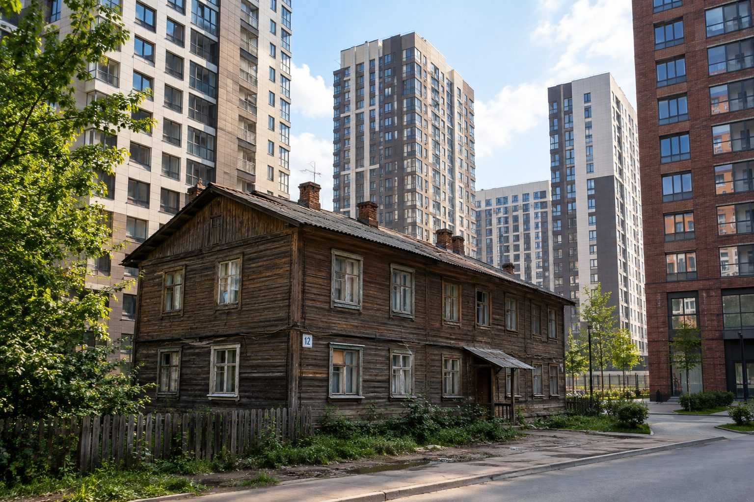 Старый деревянный дом среди новых многоэтажек — реновация жилья в Москве