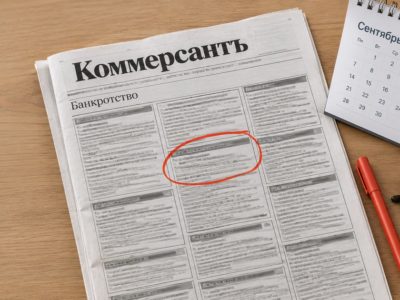 Объявление о банкротстве застройщика в газете «Коммерсантъ» обведено красным, рядом календарь — отсчёт срока для включения в реестр кредиторов