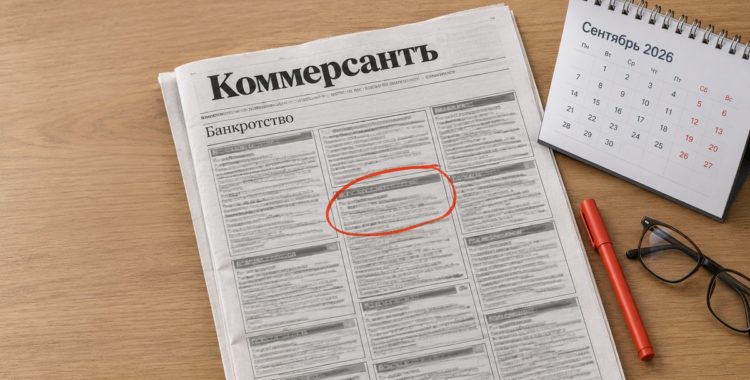 Объявление о банкротстве застройщика в газете «Коммерсантъ» обведено красным, рядом календарь — отсчёт срока для включения в реестр кредиторов
